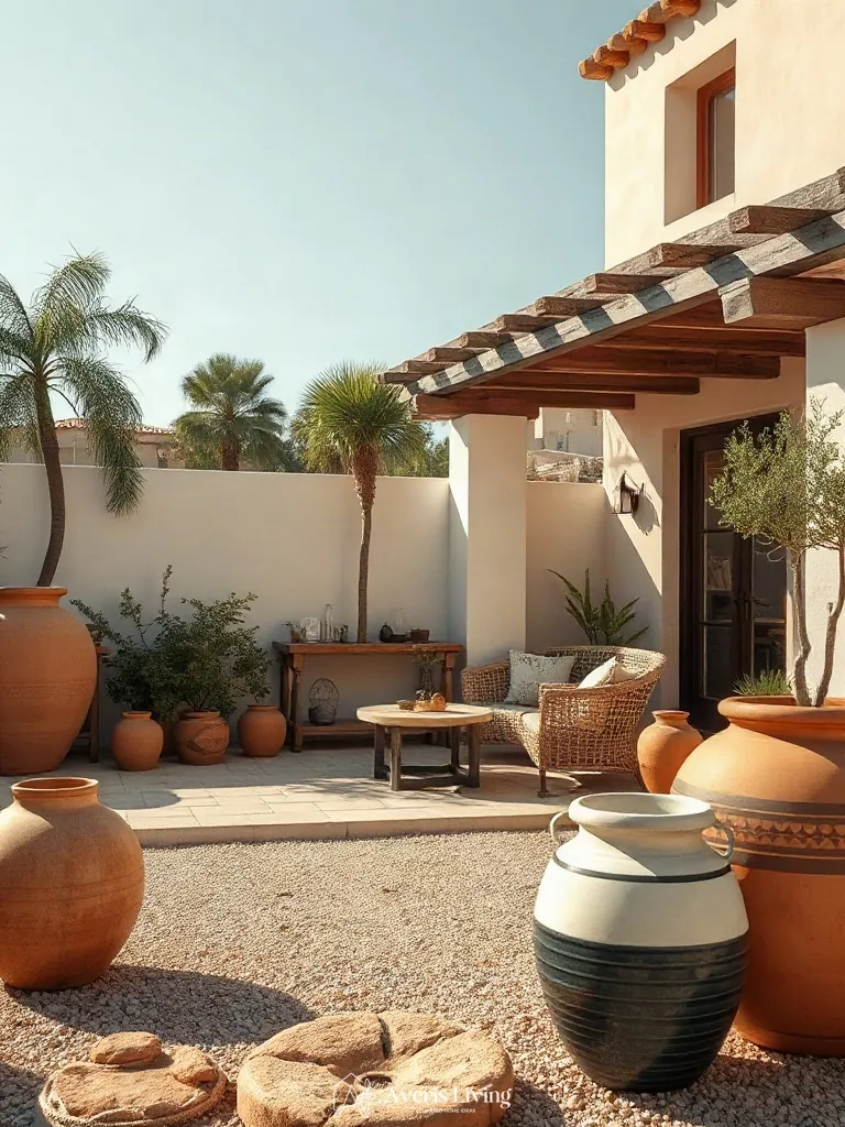 Terracotta and ceramic planters anchoring a stylish boho patio seating arrangement.
