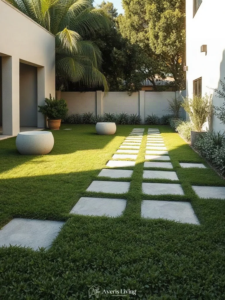 Stone pavers embedded in lush dichondra ground cover replacing turf