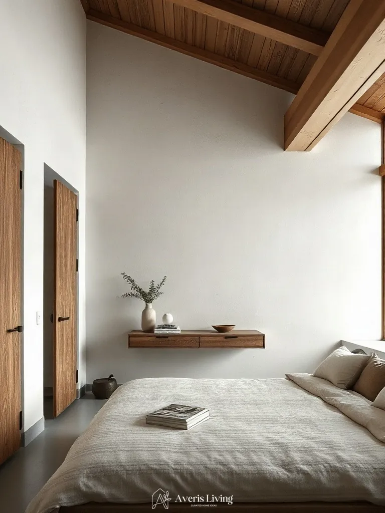 Textured lime plaster accent wall with floating nightstands in small bedroom