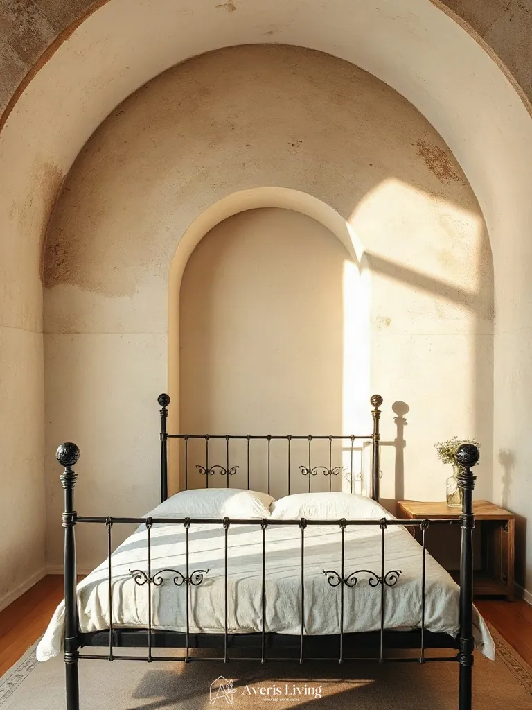 Textured lime-wash walls behind a refined iron bed frame styling setup