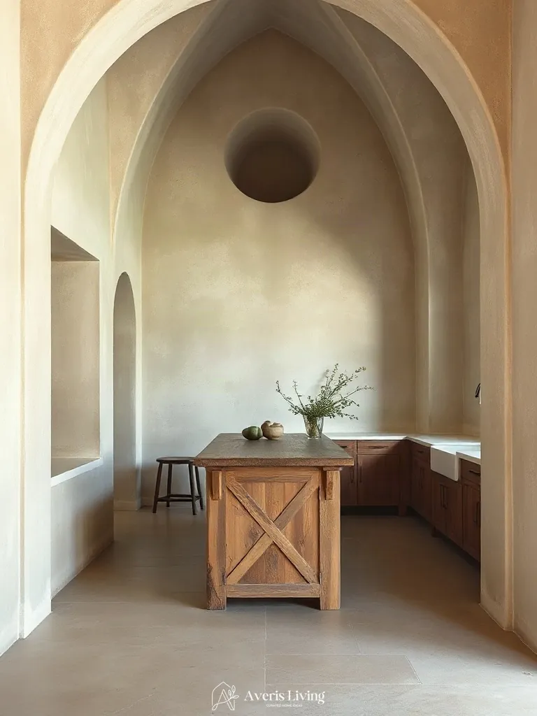 Textured plaster walls surrounding a rustic wood kitchen island.