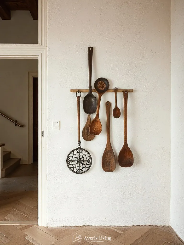 Lime-wash plaster with vintage kitchen wall decor