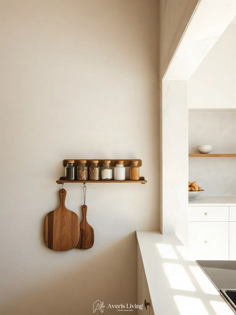 Lime-wash plaster wall integrating bronze magnetic spice rack ideas