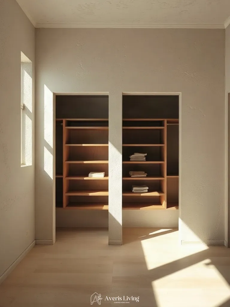 Lime-wash plaster backdrops in small closet organization systems