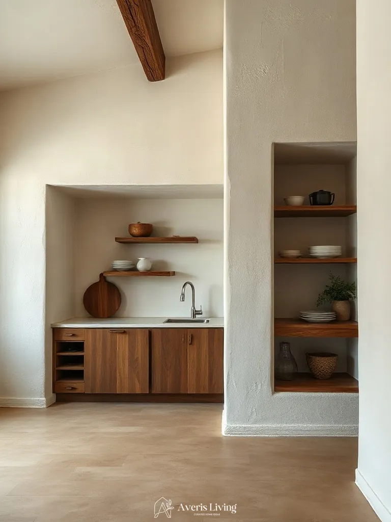 Lime-wash plaster walls in an open shelving farmhouse kitchen