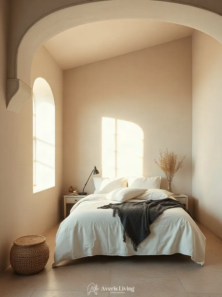 Textured lime-wash walls complementing soft neutral farmhouse bedding sets