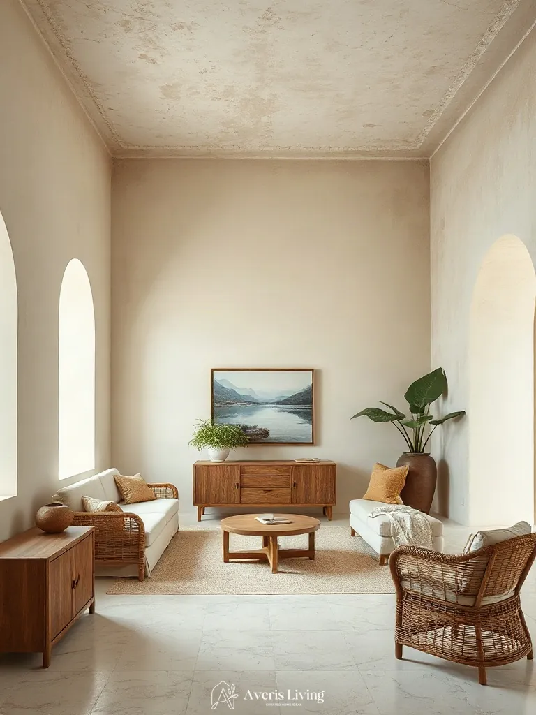 Lime-wash plaster walls serving as a backdrop for rattan furniture living room styling