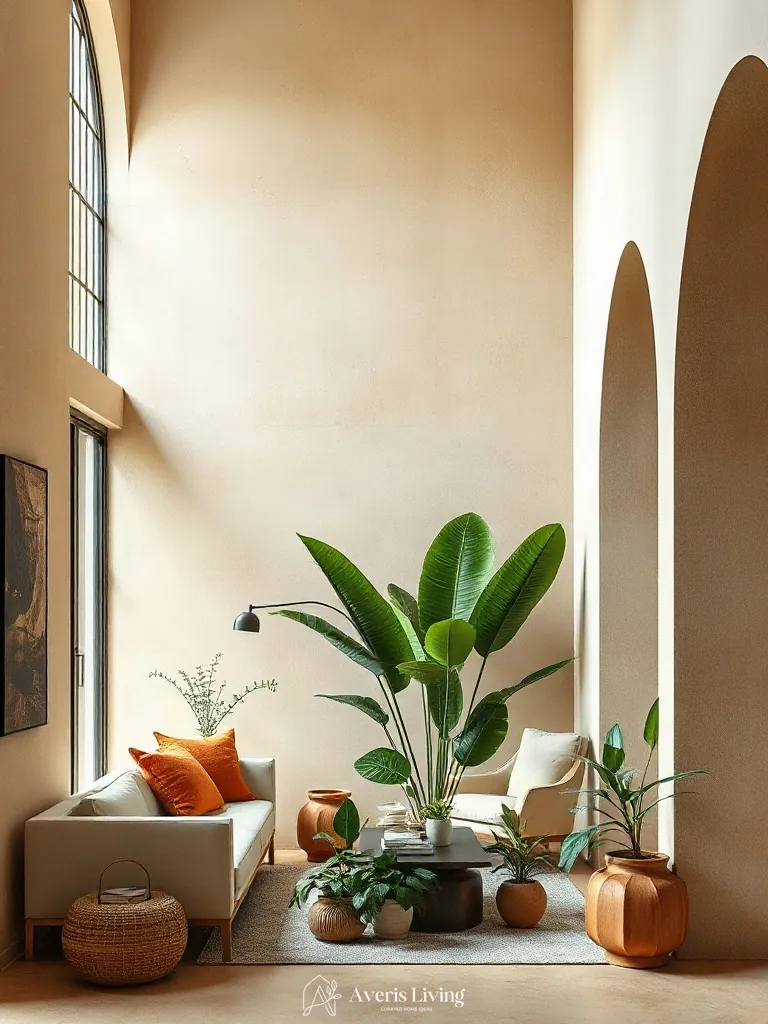 Textured lime-wash walls framing indoor plants in a boho living room