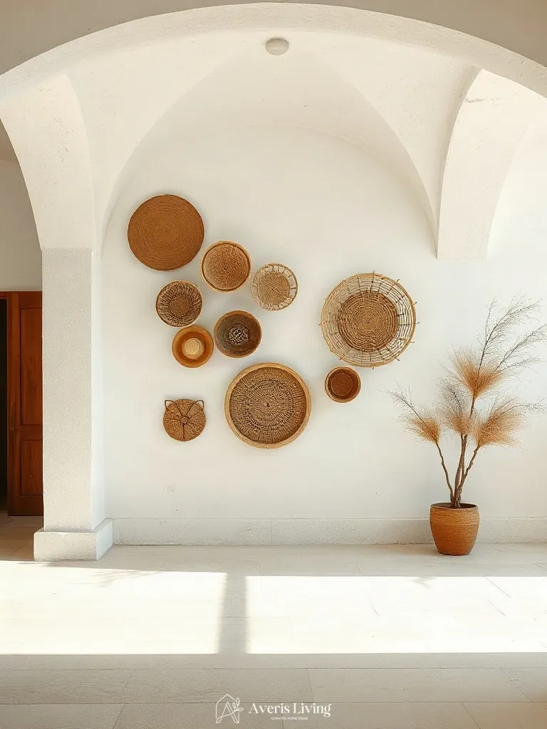 Lime-washed plaster backdrop for a neutral woven basket wall display.