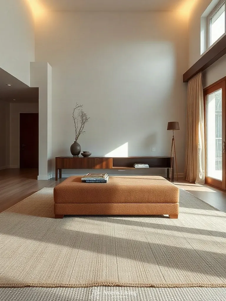 Textured micro-cement storage ottoman in mineral clay tones on raw wool rug