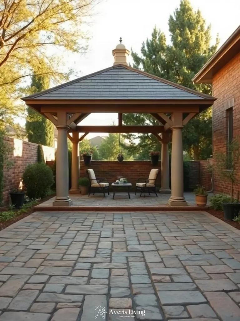 Textured cobblestone paving beneath an outdoor gazebo