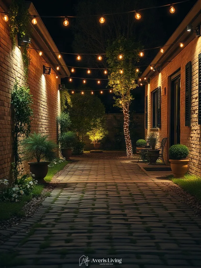 Textured cobblestone walkway illuminated by overhead string lights