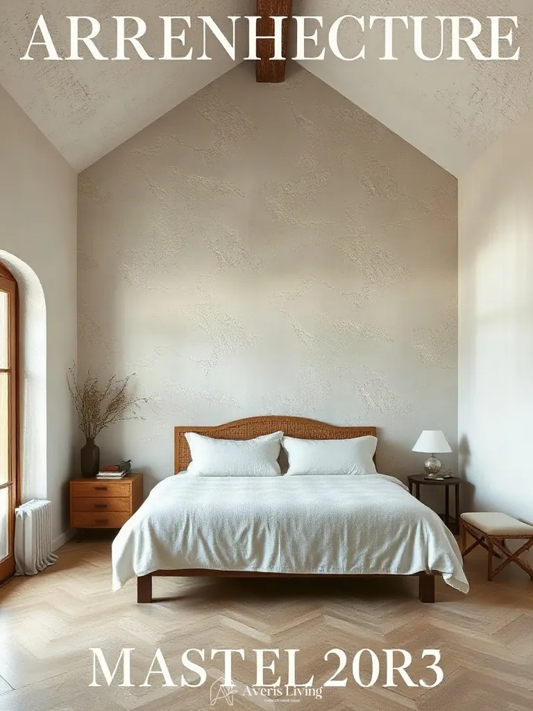Textured plaster wall finishes in a farmhouse master bedroom aesthetic