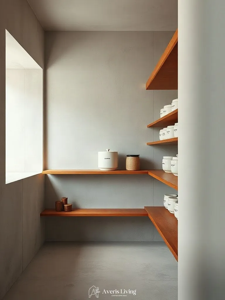 Textured plaster walls framing organized pantry bins and minimalist labels.