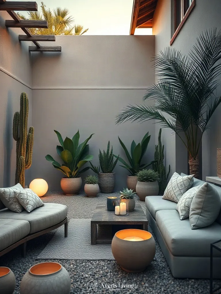 Potted flora and thoughtful landscaping details completing boho patio seating ideas.