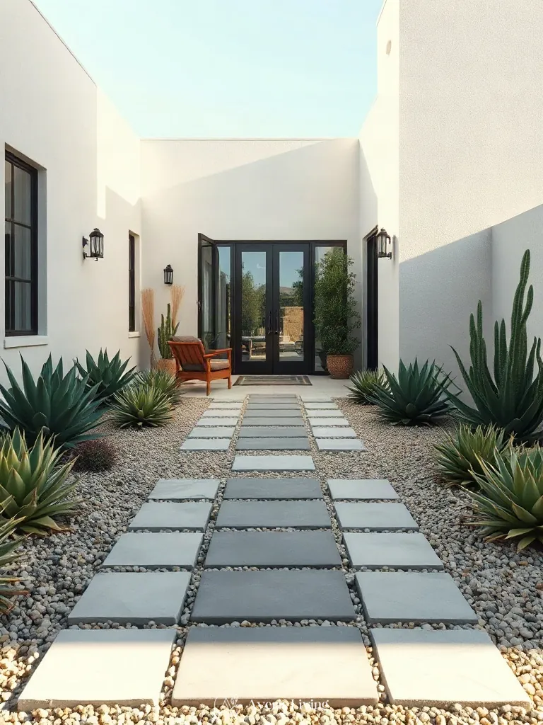 Detailed landscaping finishing a drought tolerant stone pathway