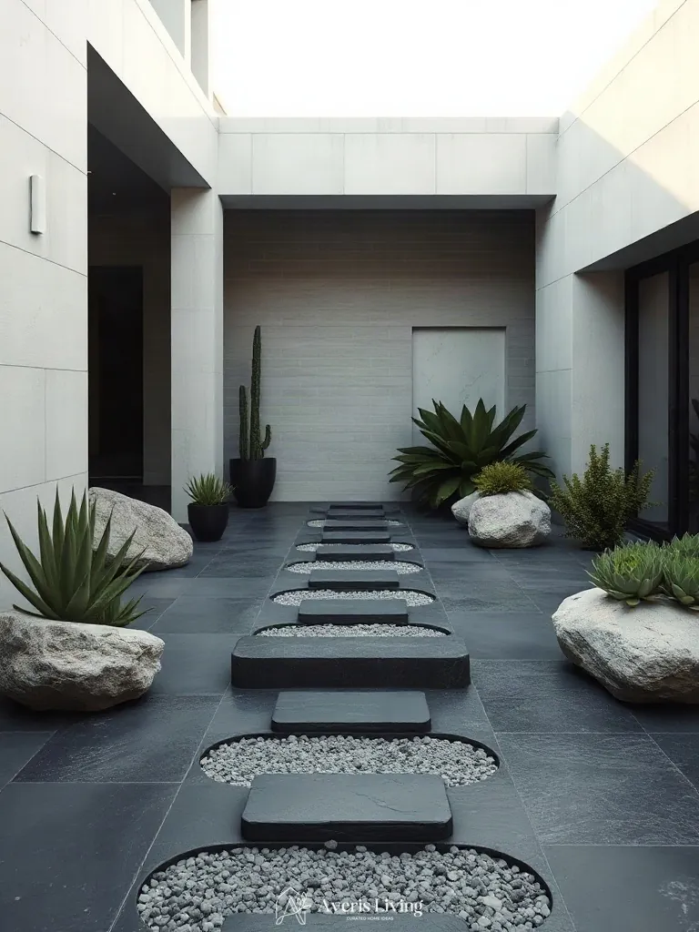 Slate stepping stones detailed with sculptural succulents and boulders