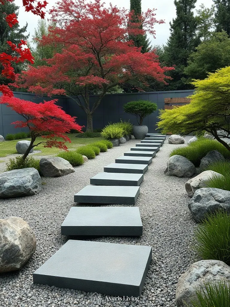 Thoughtfully detailed stepping stone pathway with boulders and maples