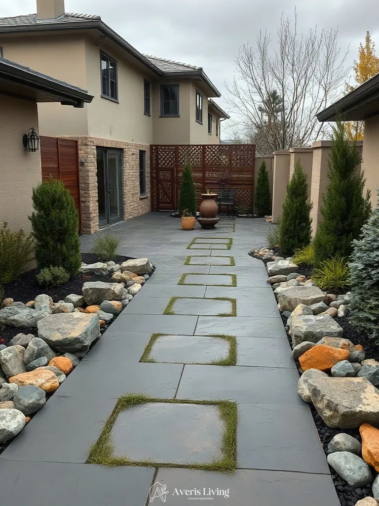 Detailed landscaping finishing a backyard stepping stone design