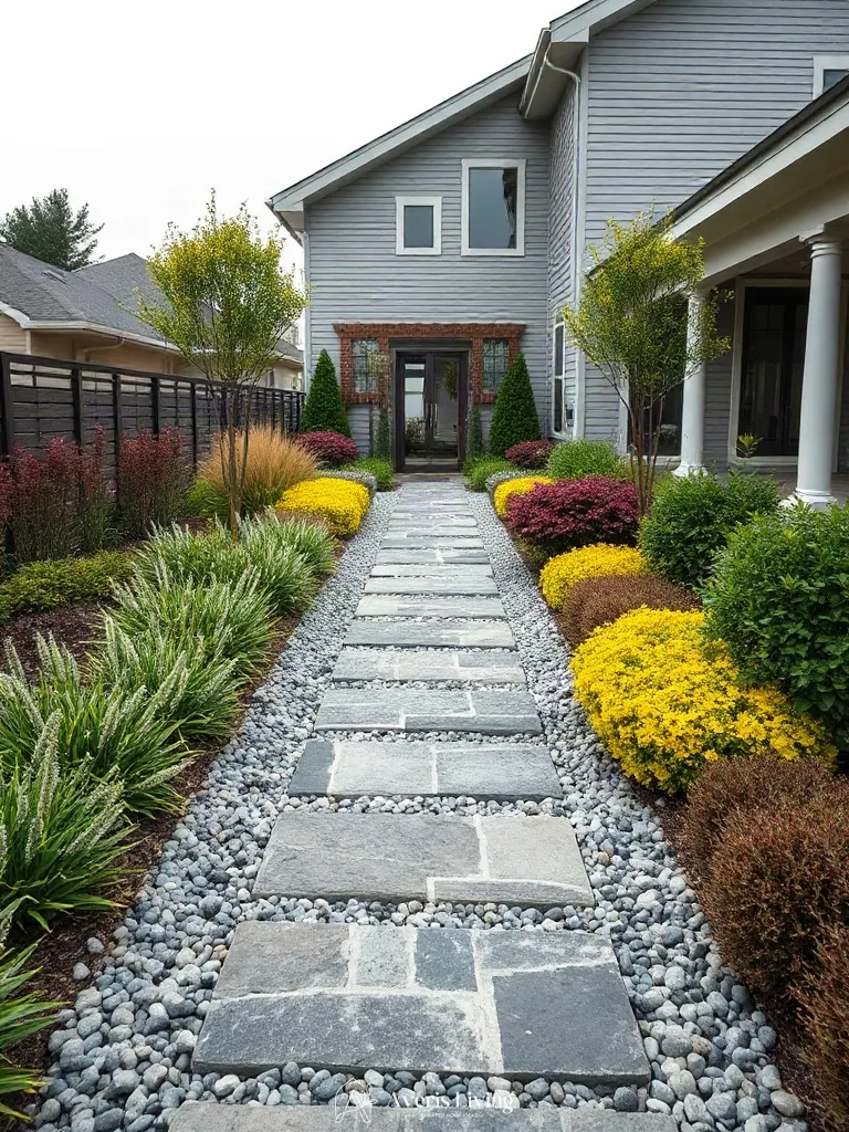 Curated landscaping details around a modern backyard stepping stones makeover