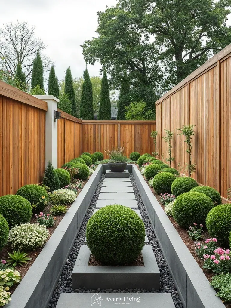 Layered garden landscaping running along privacy fence