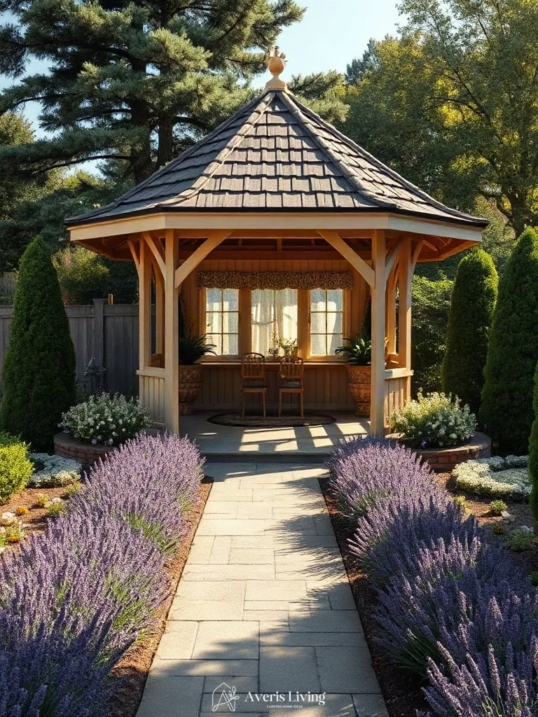 Layered perennial flower beds completing a backyard gazebo landscape