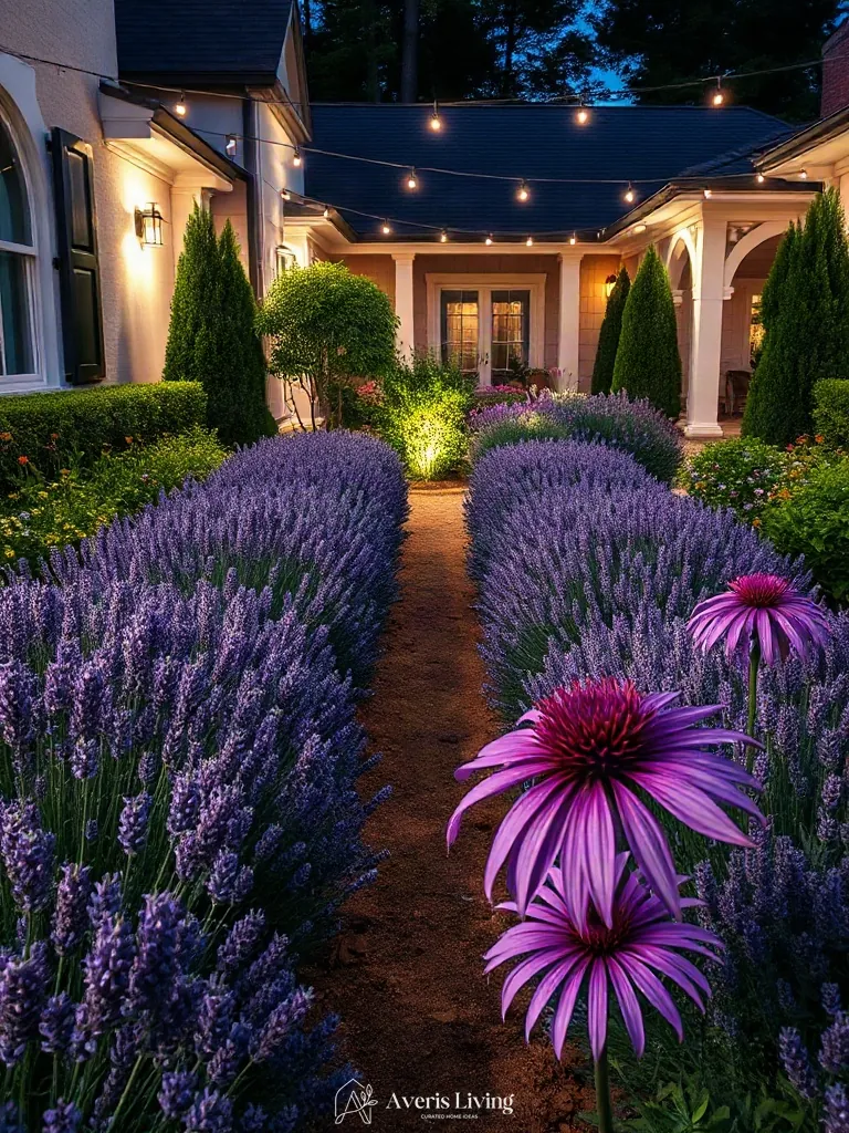 Perennial garden borders completed with backyard string lighting