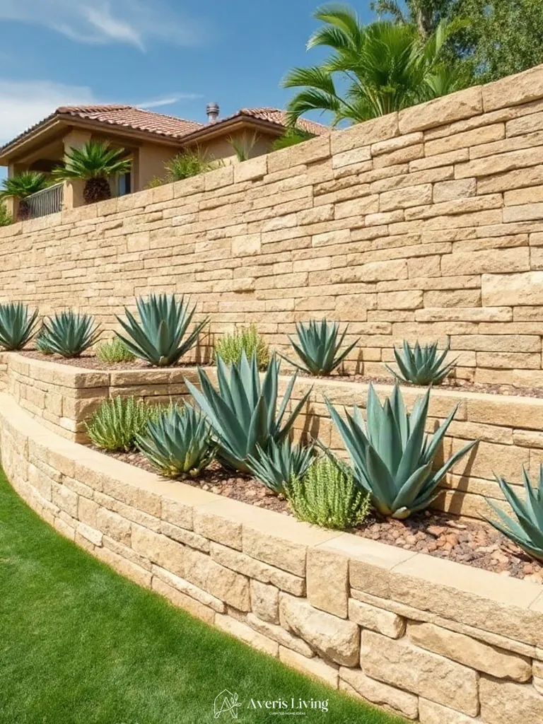Xeriscaping details and succulent pockets in a retaining wall