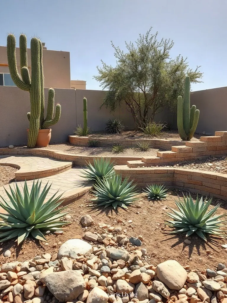 Xeriscaping details completing a drought tolerant backyard retaining wall