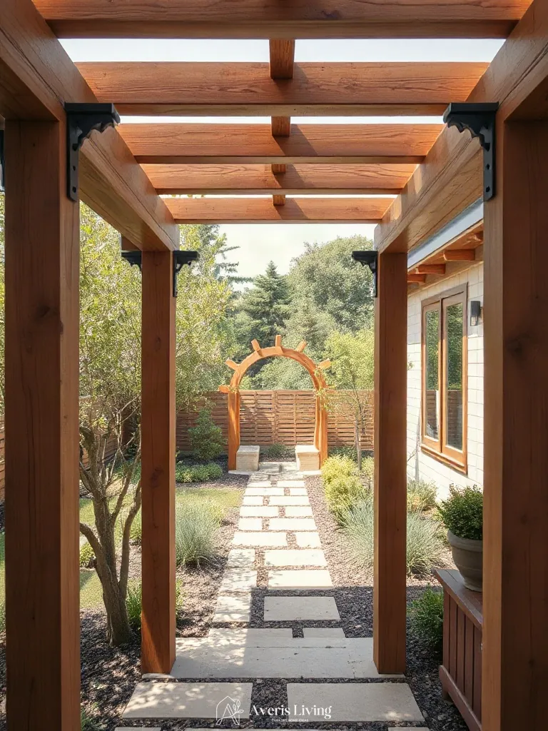 Cedar timber arbor in fairy backyard landscaping makeover