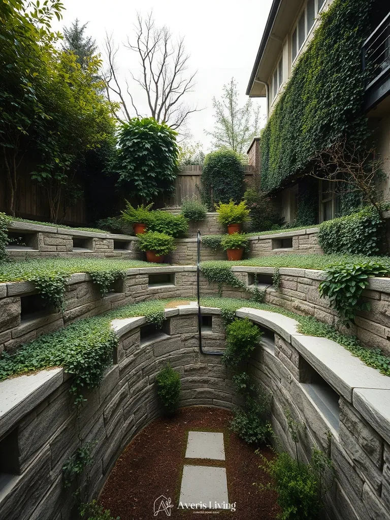 Trailing groundcover cascading over the edges of a stone retaining wall