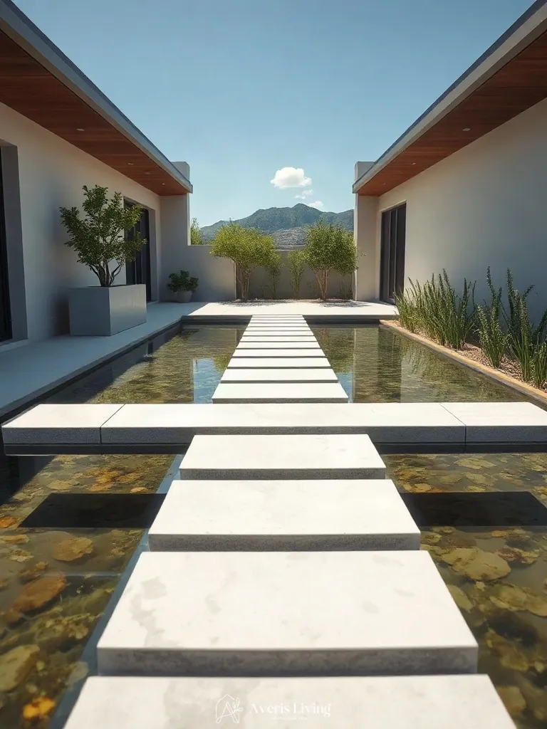 Modern backyard stepping stones design crossing a tranquil water feature