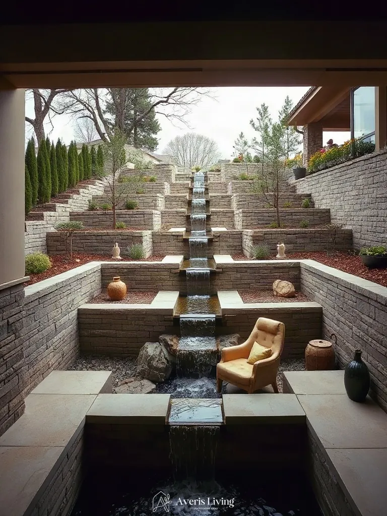 Transition landings and bespoke hardscape features in a stone retaining wall