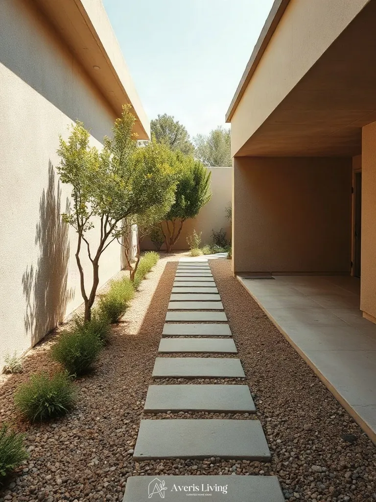 Transition landings and bespoke hardscape focal points along a garden path