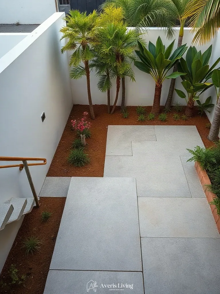 Bluestone flagstone paving in a tropical backyard herb garden before and after