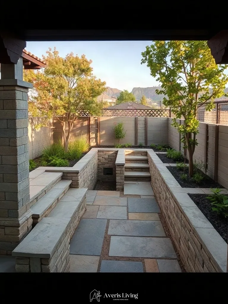 Tumbled natural flagstone and architectural pavers in backyard retaining walls