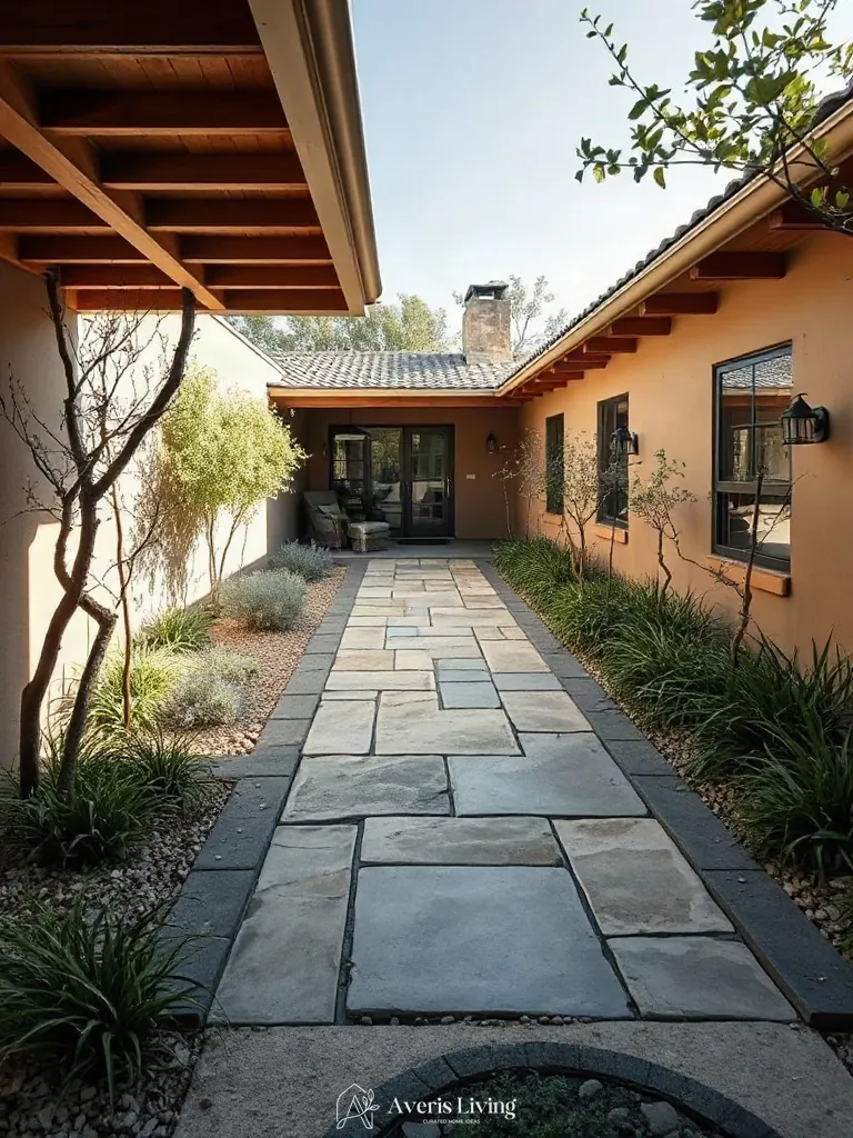 Natural flagstone and interlocking pavers for a drought-tolerant pathway