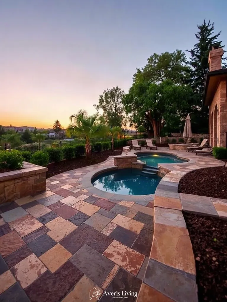 Tumbled natural flagstone pavers and contrasting split-face masonry