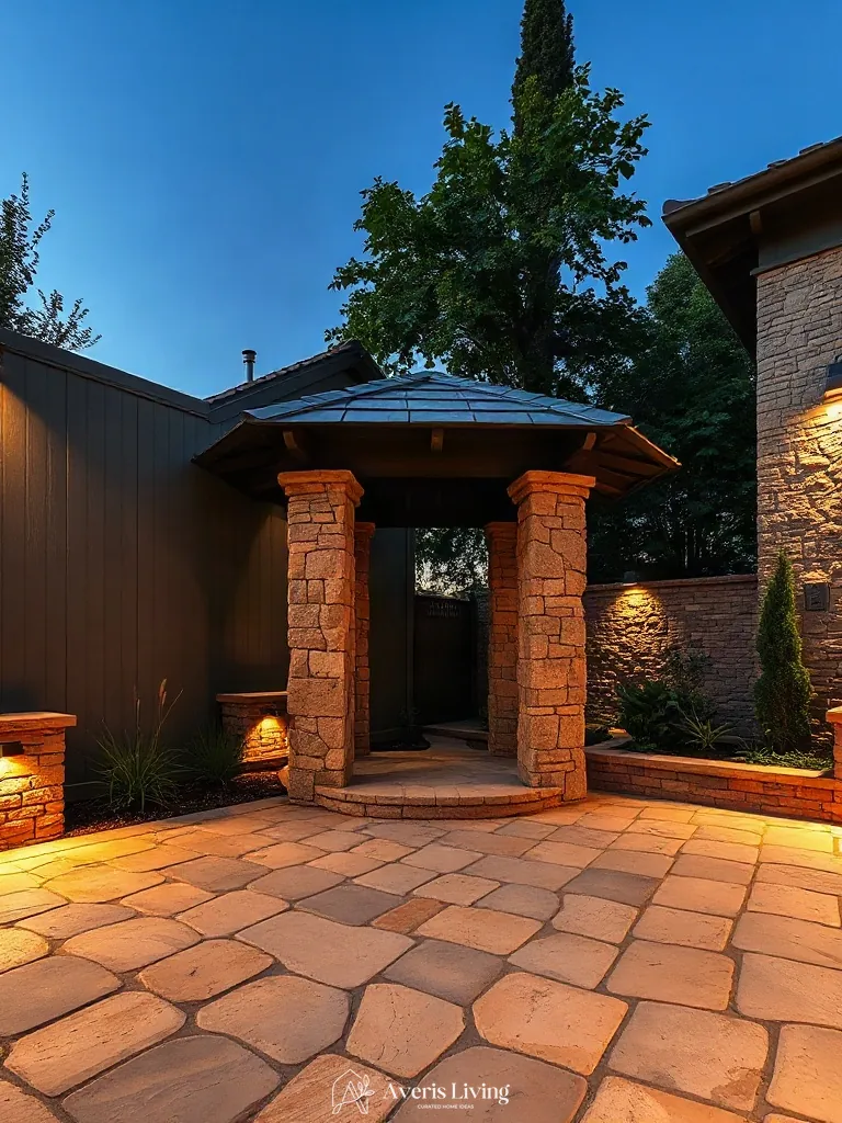 Tumbled organic masonry and stone finishes framing a backyard gazebo