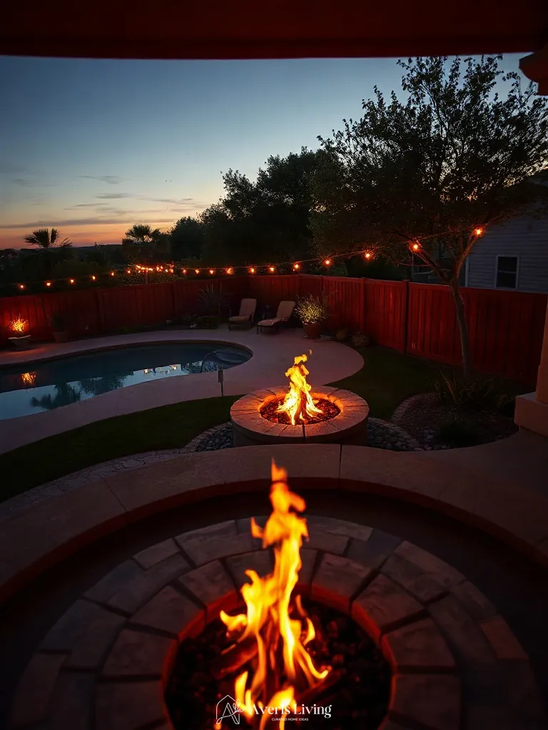 Twilight ambiance with glowing fire pit flames in boho backyard privacy fence makeover