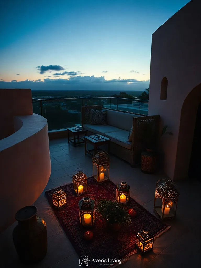Twilight sky contrast with amber lantern glow in bohemian balcony decor.