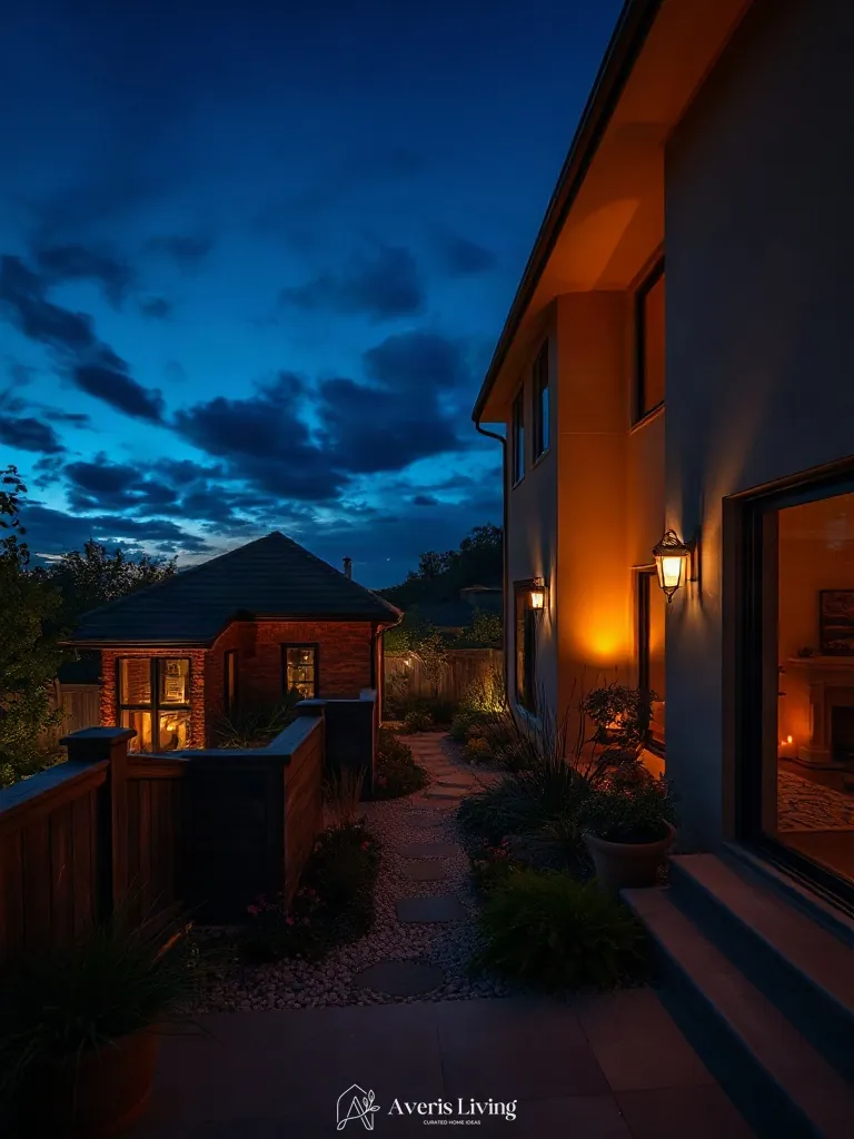 Twilight sky contrast in fairy backyard landscaping makeover