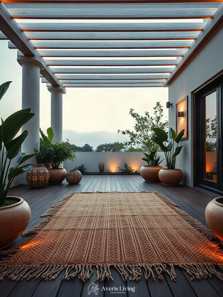 Designer planters accentuating an outdoor rug boho style zone