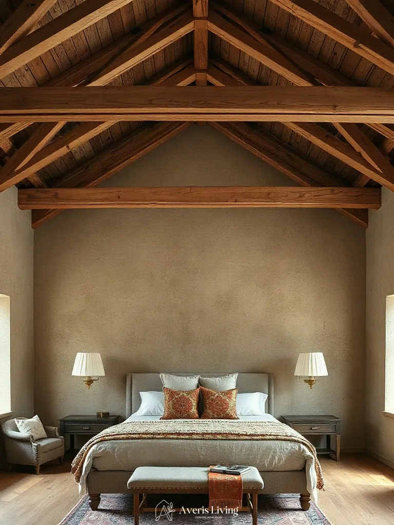 Vaulted ceiling and exposed beams above colorful bohemian bedding