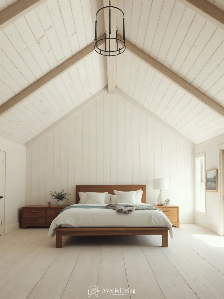 Vaulted ceiling architecture in a farmhouse master bedroom aesthetic