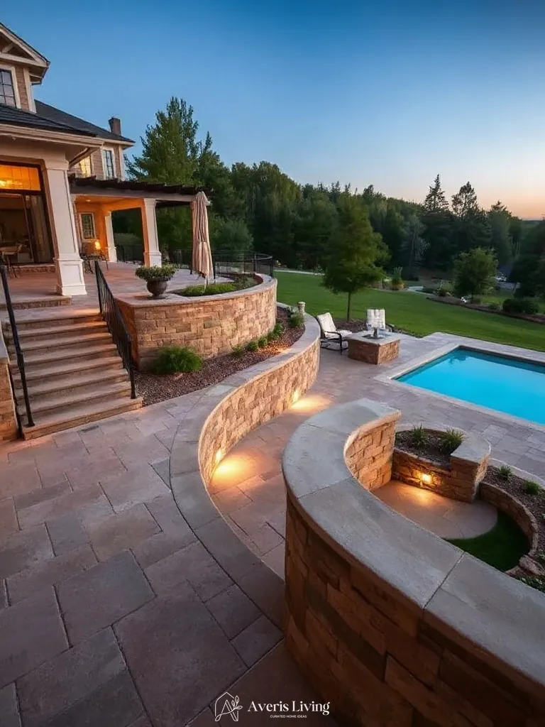 Tiered retaining walls providing vertical depth for a luxury backyard shed before and after