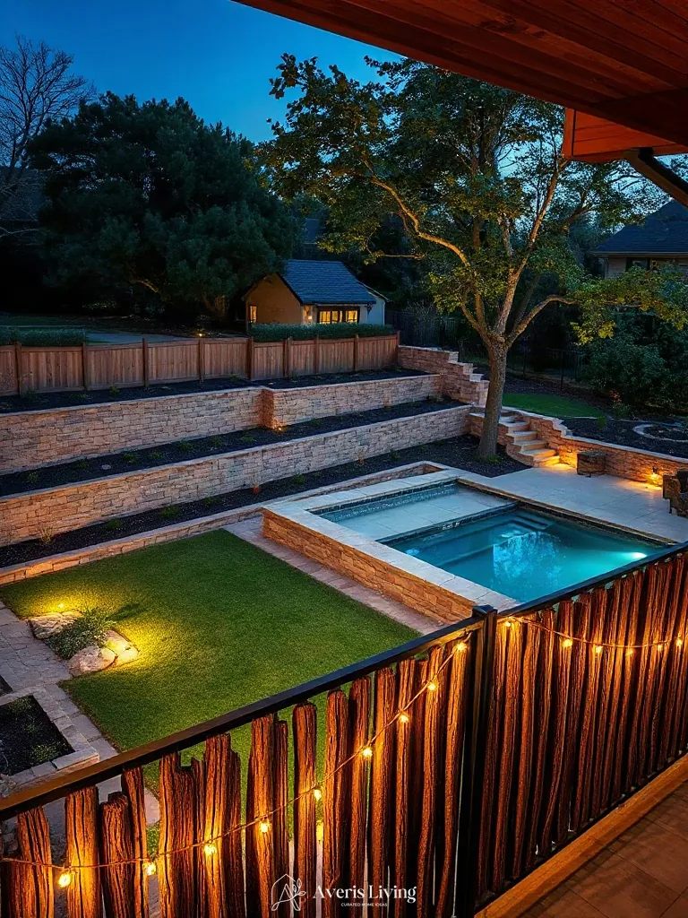 Tiered retaining walls and perimeter boundaries in boho backyard privacy fence makeover