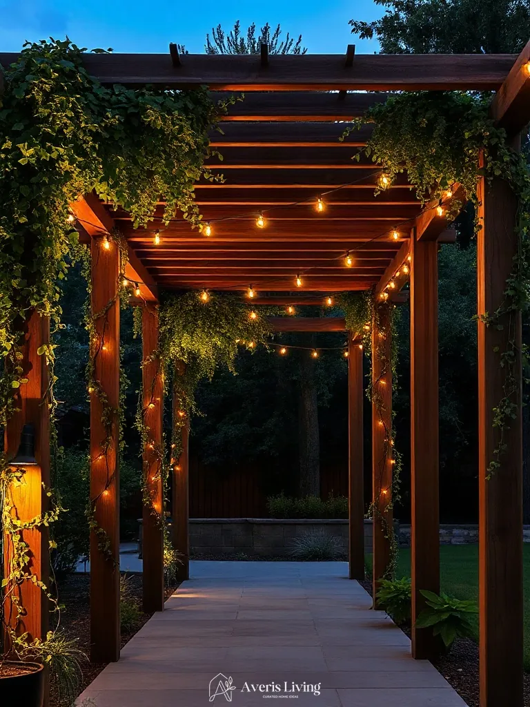 Vertical wooden pergola structure featuring string lights for garden depth