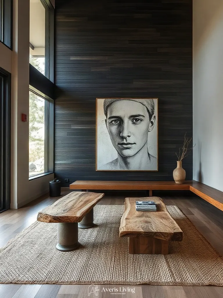 Vertical wall paneling accentuating rustic wood coffee table ideas