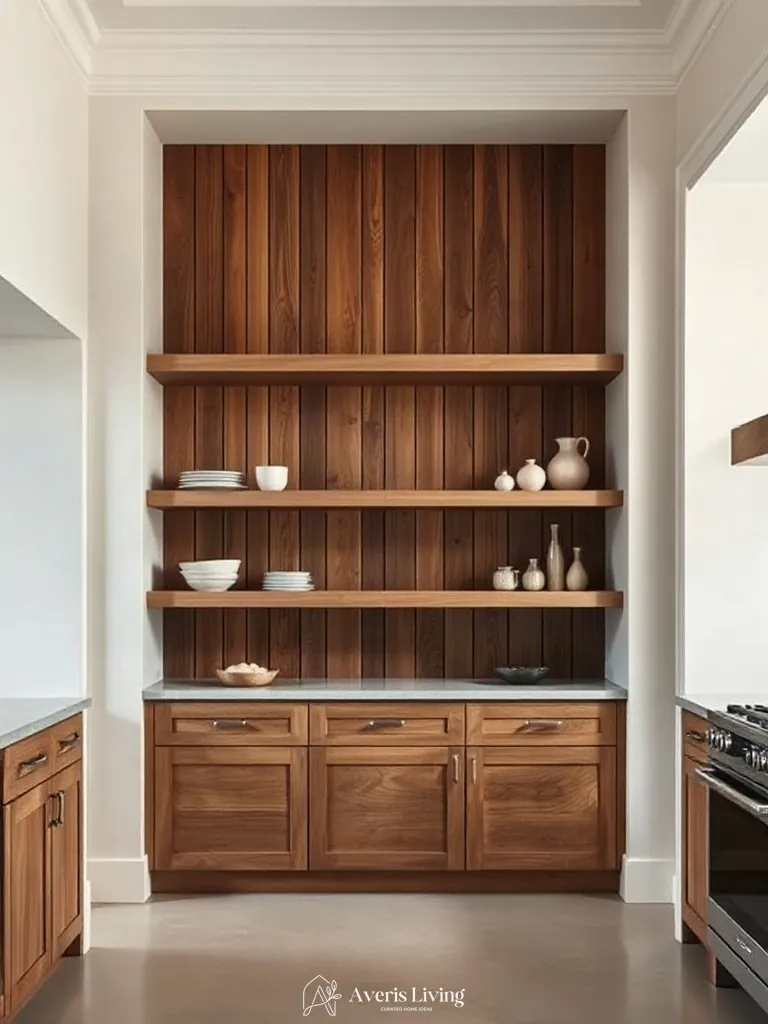 Vertical wall paneling behind shelves in an open shelving farmhouse kitchen